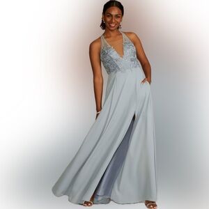 Galina Signature Beautiful Dusty Blue Halter Illusion Bodice Long gown S12 NWT